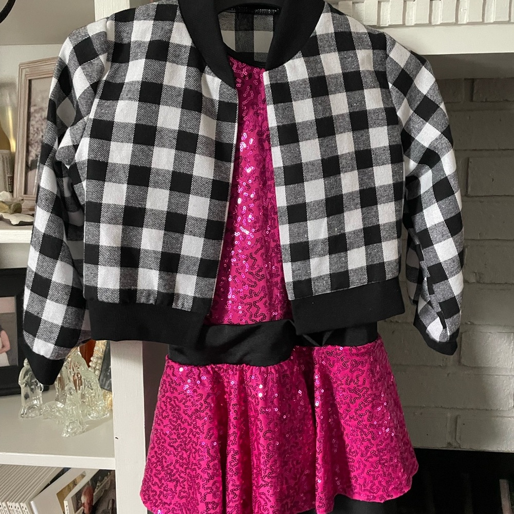 Black and White Checkered Jacket with Pink Sequin Dance Jazz costume leotard